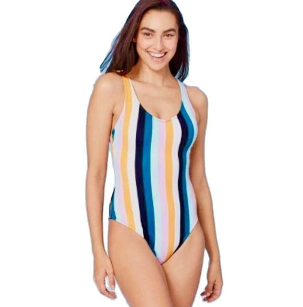 Kona Sol Vertical Stripe One Piece Swimsuit Sz L Colorful EUC